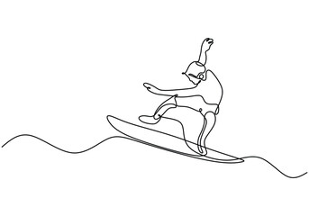Man playing surfboard on beach continuous line drawing. Sport and adventure concept.