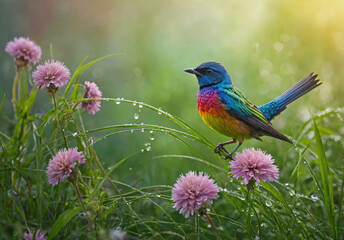 bird on a branch weed flowers