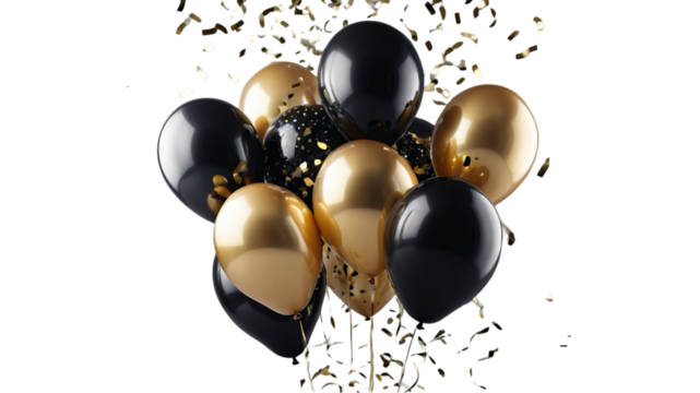 Good chrome and black balloon with confetti, a bunch of balloons on transparent background. Ballon for wedding, holiday