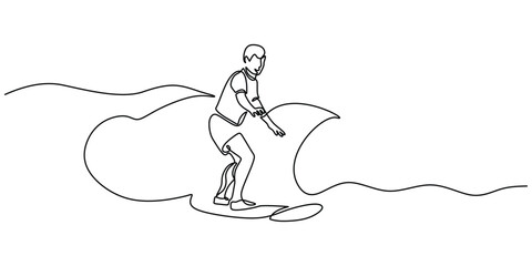 Man playing surfboard on beach continuous line drawing. Sport and adventure concept.