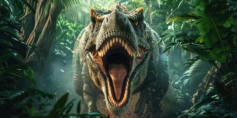 a image of a dinosaur with its mouth open in a jungle © jambulart
