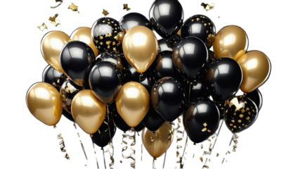 Good chrome and black balloon with confetti, a bunch of balloons on transparent background. Ballon for wedding, holiday.