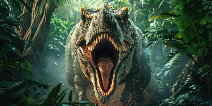 a image of a dinosaur with its mouth open in a jungle