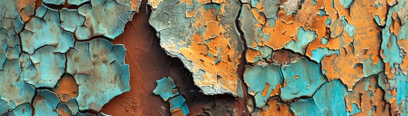 Fototapeta premium Close-up of weathered, peeling paint on a wooden surface, showcasing vibrant colors and textured details. Ideal for backgrounds or artistic concepts.