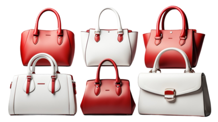 Set collection of stylish women handbag purse, red and white leather, different colors and style, luxury elegant ladies hand bags isolated on transparent background