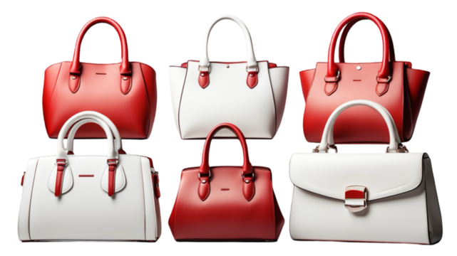 Set collection of stylish women handbag purse, red and white leather, different colors and style, luxury elegant ladies hand bags isolated on transparent background