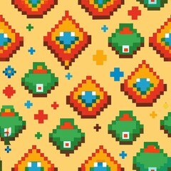 Seamless pattern of pixel art motifs with a retro yet contemporary feel, Generative AI
