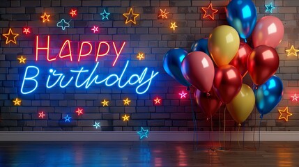 Bright happy birthday frame neon sign on brick wall for standout celebrations and joyful occasions