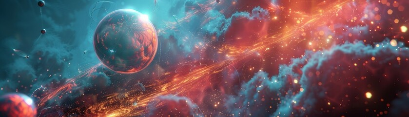 Colorful space scene with planets, stars, and cosmic clouds. Vibrant galactic artwork showcasing celestial bodies and glowing nebulae in the universe.