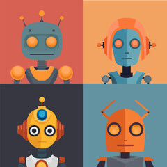 Vector set of portraits of various robots. Collection of android mascot cards. Square flat illustrations of childish cyborg toys for icon and your design