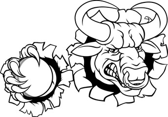 A bull or Minotaur monster longhorn cow angry mean cricket mascot cartoon character.