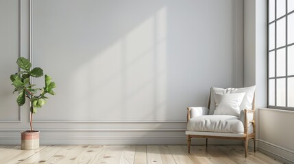 Clean and Modern Interior with Empty Wall, Mockup for Art or Paintings, Blank Wall Mockup, Bright and Minimalistic Interior Design.