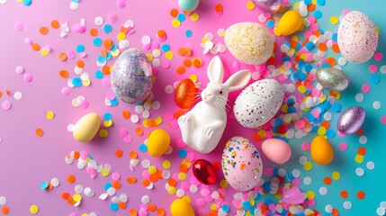 easter eggs and bunnies with bright colorful dragee and sugar sprinkles or confetti isolated on colorful background