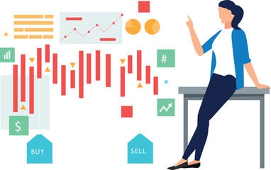 The girl is pointing to a financial chart.