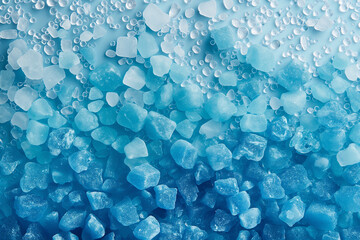 Close-up of blue rock candy crystals with water droplets, creating a refreshing and sweet scene