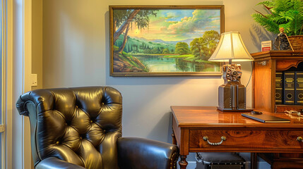 A cozy office with a leather chair, wooden desk, and a serene landscape painting,