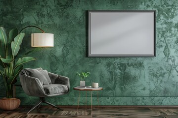 Green living room with grey chair  lamp  table  and poster.