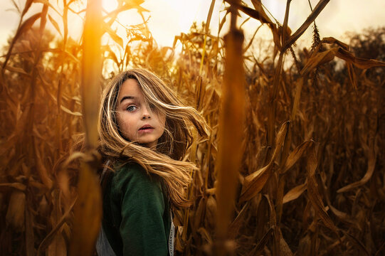 Up close portrait beautiful young girl playing golden corn field