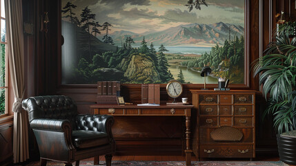Fototapeta premium A cozy office with a leather chair, wooden desk, and a serene landscape painting,