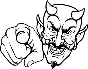 Devil satan mascot cartoon character pointing at the viewer in a needs or wants you gesture
