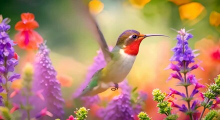 Macro Colorful humming bird are flying flying near flowers and pecking at water droplets falling from beautiful hibiscus flower pollen.