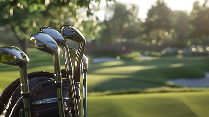 A detailed view of the handles and club heads of a golf bag, with a golf course visible in the background