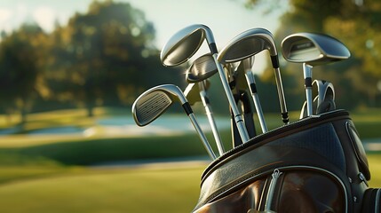 A detailed view of the   and club heads of a golf bag, with a golf course visible in the background