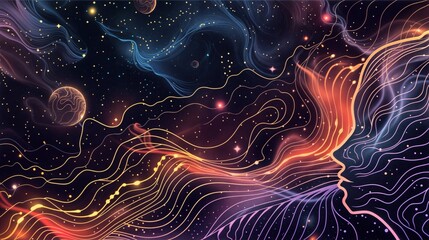 Obraz premium A celestial line drawing of a face, bathed in the colors of Aquarius, evokes a sense of wonder and joy against a backdrop of swirling nebulae and twinkling stars