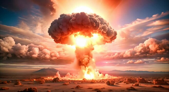 Nuclear bomb is exploding violently smoke exploded into a mushroom cloud. The concept of nuclear war