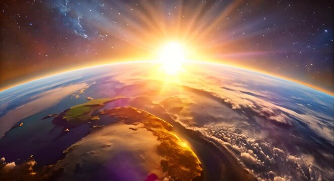 World view from space sunset and earth horizon