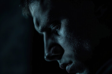 Close-up portrait of a man in a dark room, capturing deep emotions with visible stress lines and a contemplative gaze, highlighting themes of loneliness and introspection. Depression.