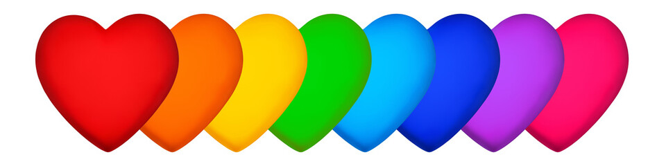 Hearts rainbow colors border white background isolated, group hearts colorful pattern, love symbol, Valentine day sign, wedding invitation, greeting card design, romantic holiday decoration, birthday