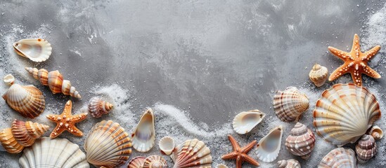 Obraz premium Sea shells against a gray backdrop: A summery scene with flat lay, top view, and copy space