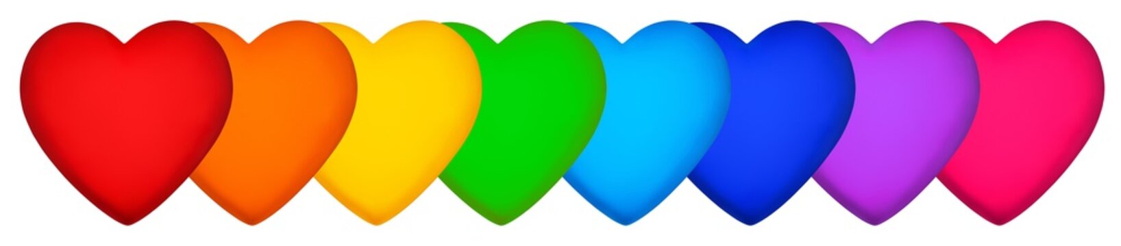 Hearts rainbow colors border white background isolated, group hearts colorful pattern, love symbol, Valentine day sign, wedding invitation, greeting card design, romantic holiday decoration, birthday