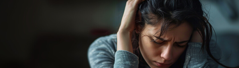 Obraz premium Young woman lost in thought, her somber expression highlighted against dark backdrop, emphasizing a deep sense of melancholy and introspection. Problems with mental health. Copy space.