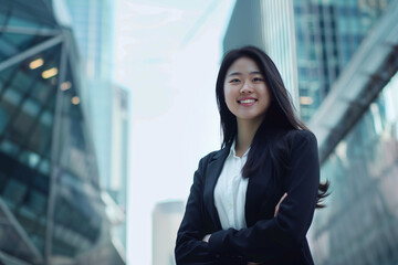 Smiling Asian Office Lady in Office Building Background