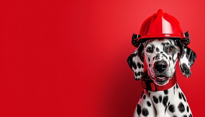 Dalmatian dog in firefighter helmet poster with spacious area for personalized message