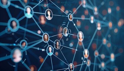 Virtual meeting concept, showcasing network of circles with diverse user connected by digital lines