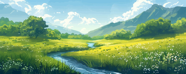 A serene meadow with a gentle stream winding through it. Vector flat minimalistic isolated