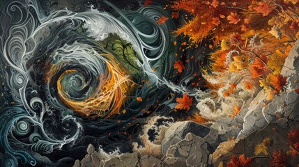 depiction of the four elements coming together with fiery spirals flowing water swirling leaves and solid rocks all blending into one another.