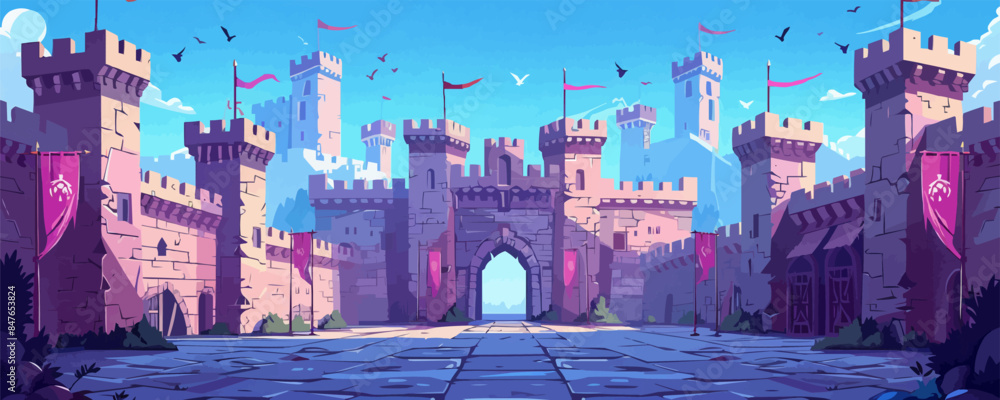 Poster medieval castle courtyard with a drawbridge and banners vector flat minimalistic isolated illustrati