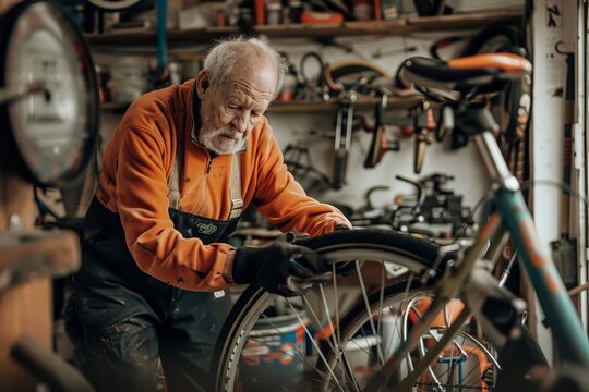 Elderly man repairs bicycle in a cluttered workshop. Focus on dedication and craftsmanship. Industrial and inspirational theme. For use in editorials or blogs on vintage tools. Generative AI