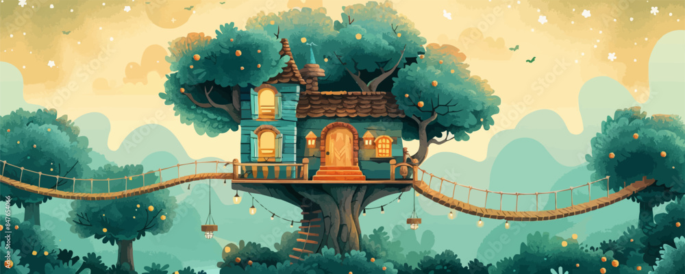 Poster a whimsical treehouse with rope bridges and secret passageways. vector flat minimalistic isolated il