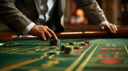 A casino player, dressed in a suit, leans over a roulette table, placing a bet. The green felt table and the chips reflect the light, creating a dramatic scene