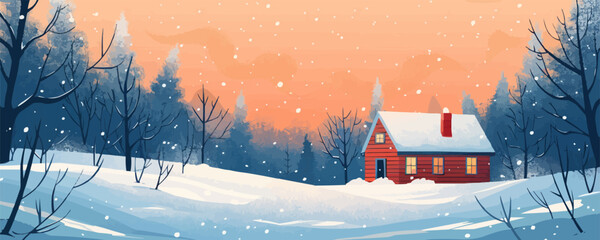 Cozy cabin in a snowy forest Vector flat minimalistic isolated