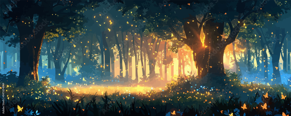 Poster a magical forest glen with sunlight filtering through the trees and fireflies dancing in the air. ve