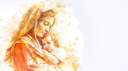 A watercolor painting depicting the Virgin Mary holding the Christ child, their faces close together in a tender embrace