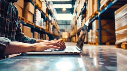 A warehouse worker types on a laptop, likely managing inventory or completing tasks related to order fulfillment within a large distribution center
