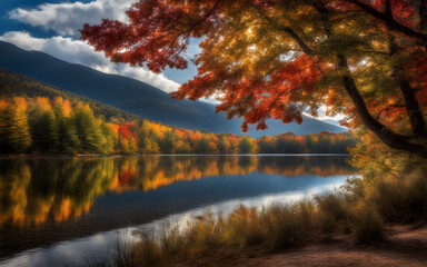 Brilliant autumn colors reflecting in the peaceful Lake Placid, New York