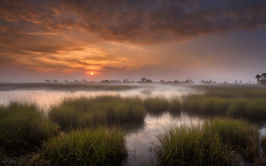 Dawn breaking over the marshlands of the Everglades, Florida